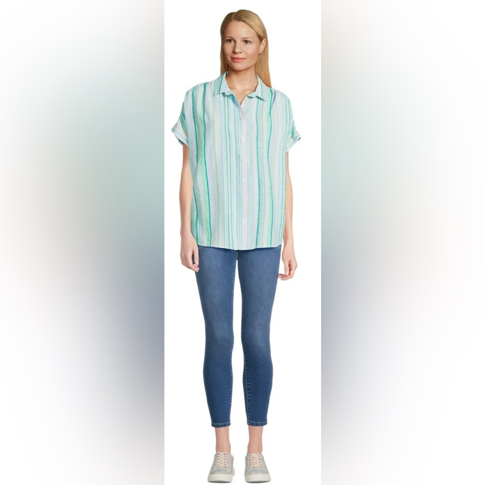 LIKE NEW Time and Tru Green and Blue Sleeveless Button Down Shirt size 16-18